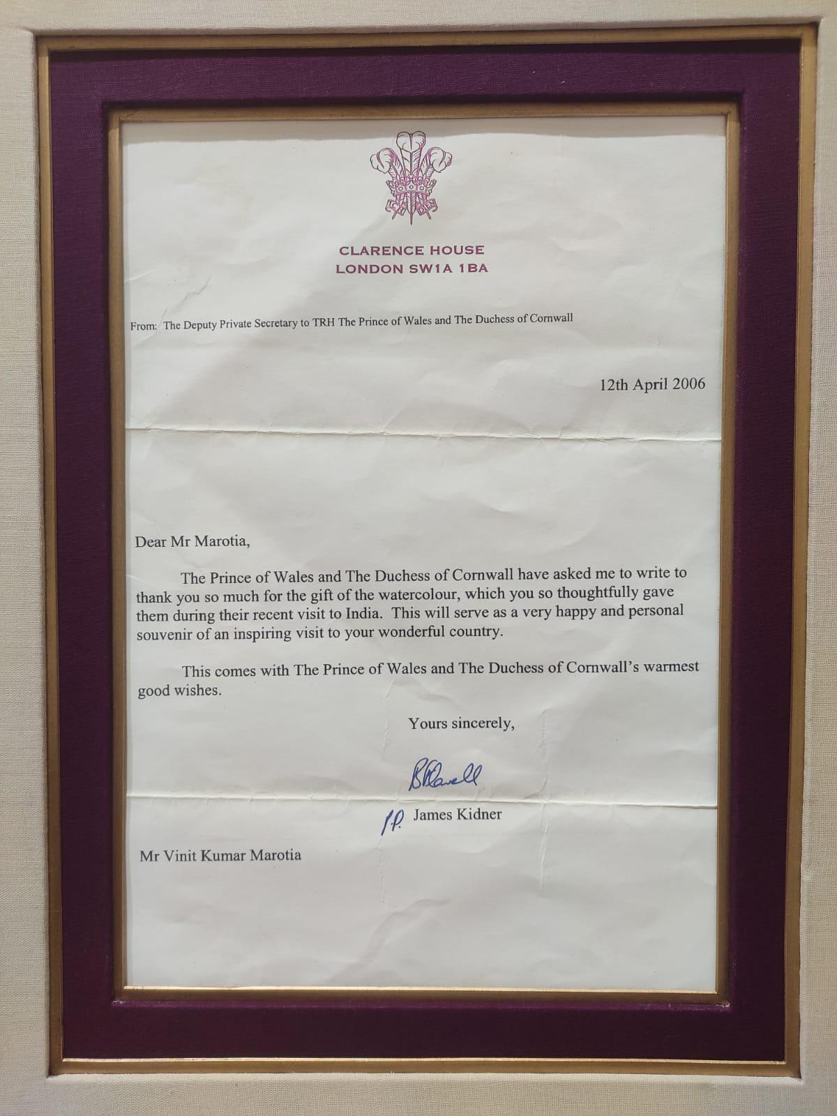 Framed letter from Clarence House, London, dated 12 April 2006, addressed to Mr Vinit Kumar Marotia