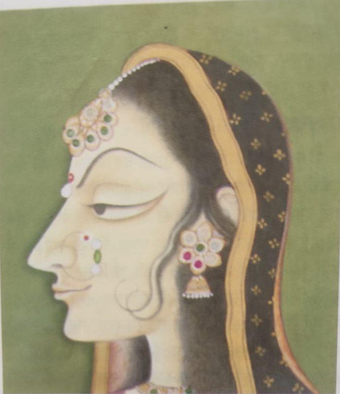 Kishangarh-style miniature profile of a woman with an elongated eye, arched brow and pearl ornaments