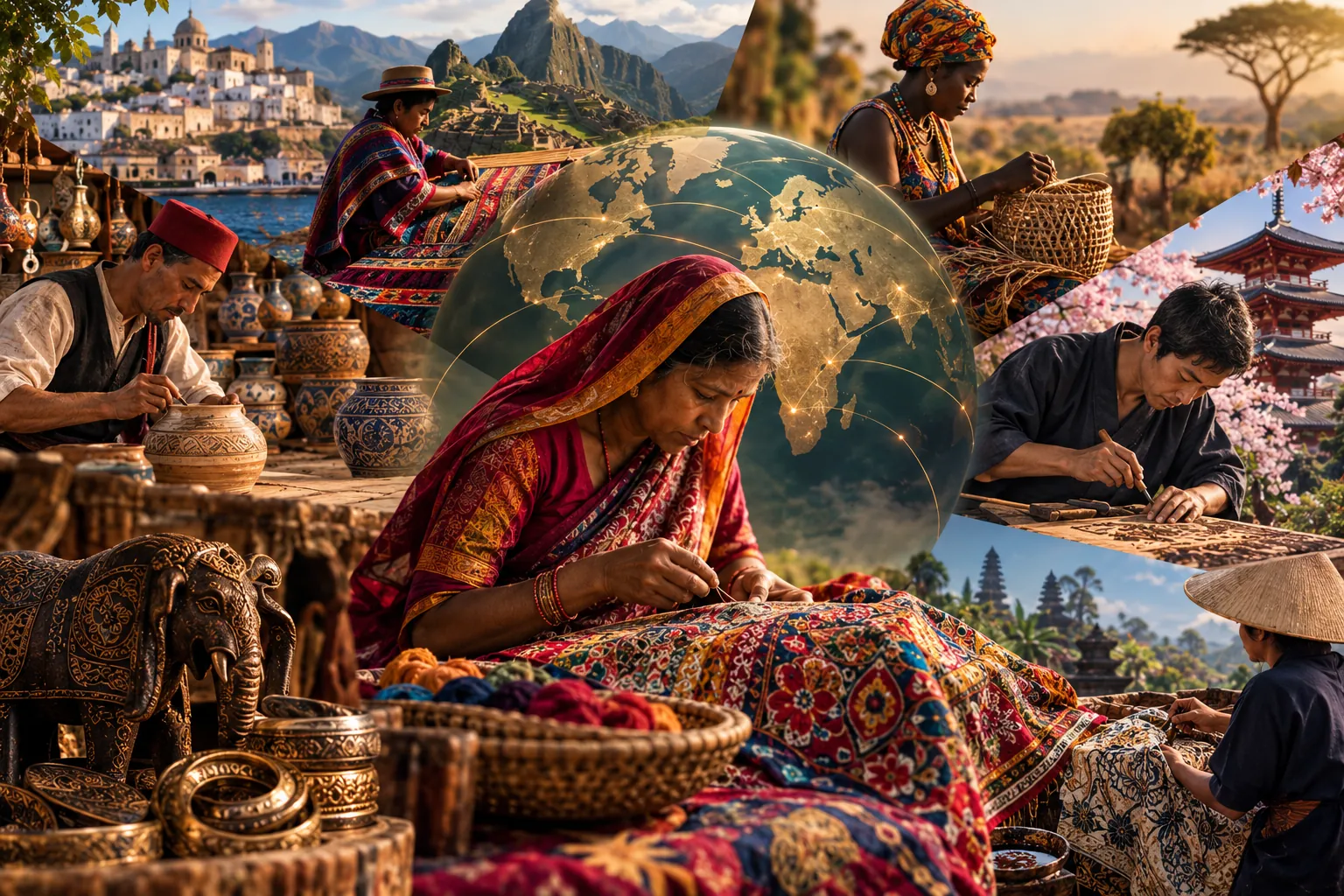 Artisans around the world at work — weaving, pottery, embroidery, basketry and carving — around a glowing globe